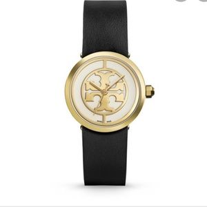 Tory Burch Black / Gold Reva Leather Logo Dial Trb4008 Watch
